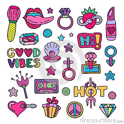 Vector doodle girly clipart lineart elements set Vector Illustration