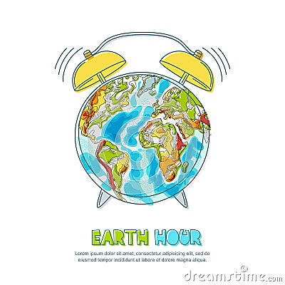 Vector illustration of Earth planet and clock. Earth hour poster. Environmental, ecology, nature protection concept. Vector Illustration