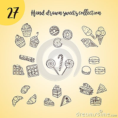 Vector doodle icon set with sweets. Vector Illustration