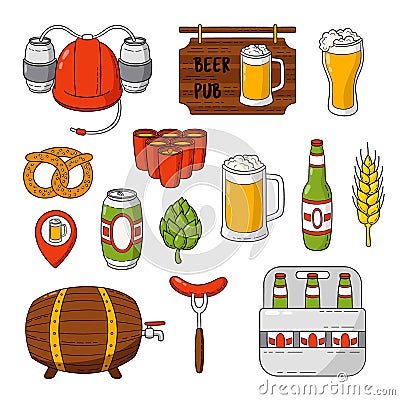 Vector doodle icons. Set of beer symbols. Beer helmet, mug, glass, sausage, barrel, beer pong Vector Illustration