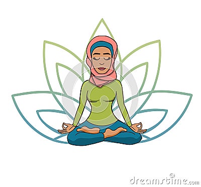 Vector doodle illustration of a cute young muslim girl in a scarf meditating in lotus pose with flower petals behind. Vector Illustration