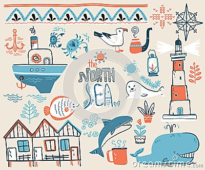 Vector doodle illustration. North sea. Scandinavian style. Colle Vector Illustration