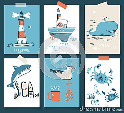 Vector doodle illustration. North sea. Scandinavian style. Ready Vector Illustration