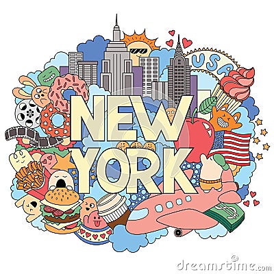 Vector doodle illustration showing Architecture and Culture of New York. Abstract background with hand drawn text New Vector Illustration