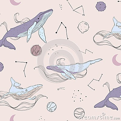 Vector doodle illustration whales and planets. Space with planets and huge marine animals. Universe graphic hand drawn Vector Illustration