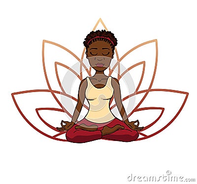 Vector doodle illustration of young cute african girl meditating in lotus pose with flower petals behind. Vector Illustration