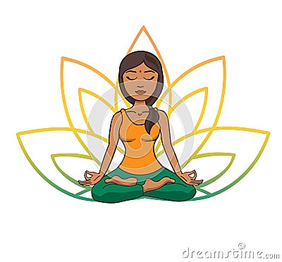 Vector doodle illustration of young cute indian girl meditating in lotus pose with flower petals behind. Vector Illustration