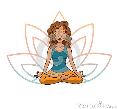 Vector doodle illustration of young cute latin american girl meditating in lotus pose with flower petals behind. Vector Illustration