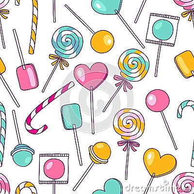 Vector doodle lollipops pattern. Bright sweet food hand drawn il Vector Illustration