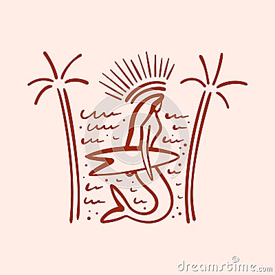 Vector doodle mermaid, sea and palm trees surf vector label clip art elements composition set. Cute ocean serena surfer Vector Illustration