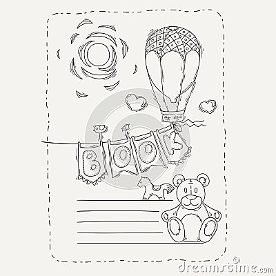 Vector doodle page for kids and children. Balloon and festive garland of flags. Vector Illustration