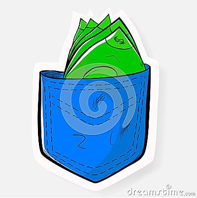 Doodle and paper cut style dollar money at blue jeans back Pocket with soft shadow Vector Illustration