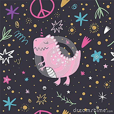 Vector doodle pattern, cute dinosaur art. Textile or wrapping paper design Stock Photo