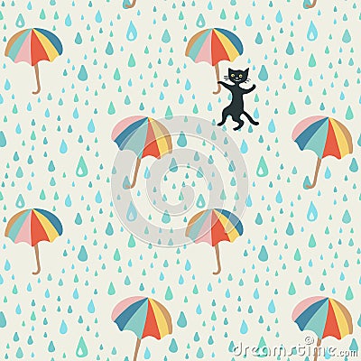 Vector doodle pattern with rain drop, flying umbrellas and mischievous black cat. Beautiful abstract pattern, season Vector Illustration