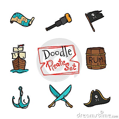 Vector doodle pirate icons set. Hand drawn collection of seaman objects Vector Illustration