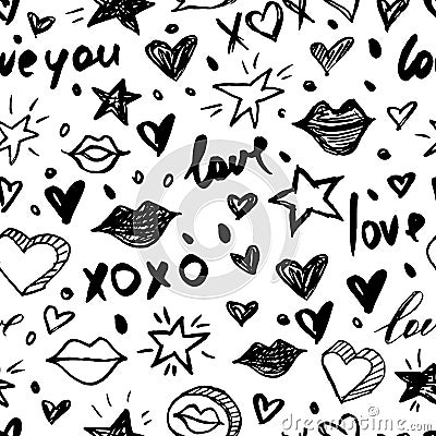 Vector doodle romantic seamless pattern. Black and white watercolor, ink valentines day backgrounds. Vector Illustration