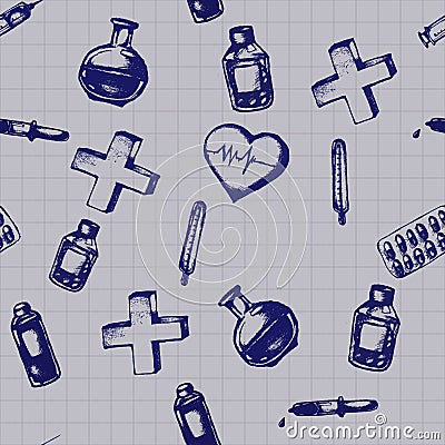 Vector doodle seamless illustration. Medicine icons Vector Illustration