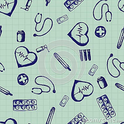 Vector doodle seamless illustration. Medicine icons Vector Illustration