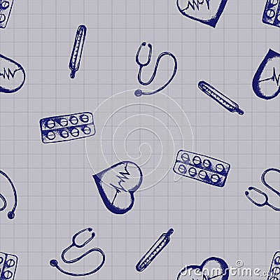 Vector doodle seamless illustration. Medicine icons Vector Illustration