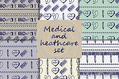 Vector doodle seamless paterns. Medicine icons set Vector Illustration