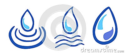vector doodle set 3 blue waterdrop and wave, isolated on white Vector Illustration