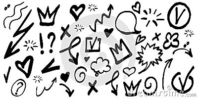 Vector doodle set of Hand drawn design elements. Arrow, check mark, signs, heart, love, speech bubble, crown, swirl, heart, on Vector Illustration