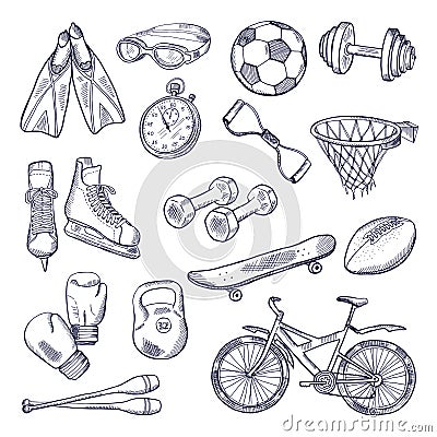 Vector doodle set of sport equipment. Hand drawn illustrations isolate on white background Vector Illustration