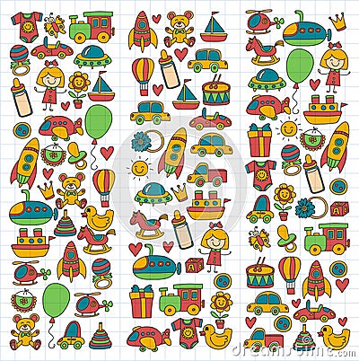 Vector doodle set with toys for shop, store, kindergarten, nursery Hand drawn vector illustration Vector Illustration