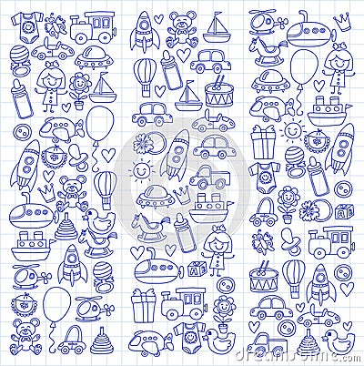 Vector doodle set with toys for shop, store, kindergarten, nursery Hand drawn vector illustration Vector Illustration