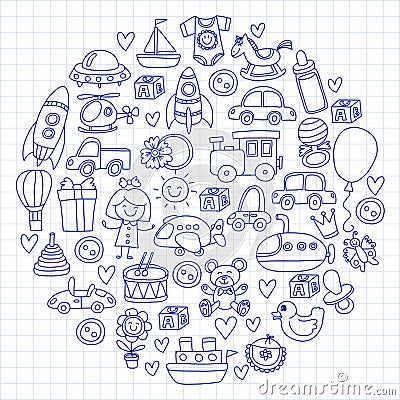 Vector doodle set with toys for shop, store, kindergarten, nursery Hand drawn vector illustration Vector Illustration