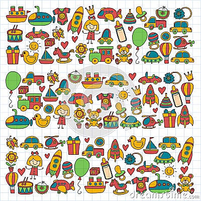 Vector doodle set with toys for shop, store, kindergarten, nursery Hand drawn vector illustration Vector Illustration