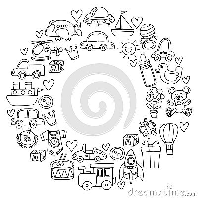 Vector doodle set with toys for shop, store, kindergarten, nursery Hand drawn vector illustration Vector Illustration