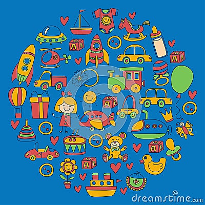 Vector doodle set with toys for shop, store, kindergarten, nursery Hand drawn vector illustration Vector Illustration