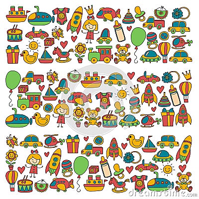 Vector doodle set with toys for shop, store, kindergarten, nursery Hand drawn vector illustration Vector Illustration