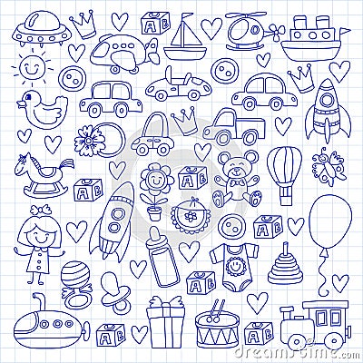 Vector doodle set with toys for shop, store, kindergarten, nursery Hand drawn vector illustration Vector Illustration