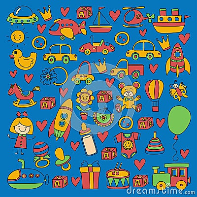 Vector doodle set with toys for shop, store, kindergarten, nursery Hand drawn vector illustration Vector Illustration