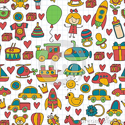 Vector doodle set with toys for shop, store, kindergarten, nursery Hand drawn vector illustration Vector Illustration