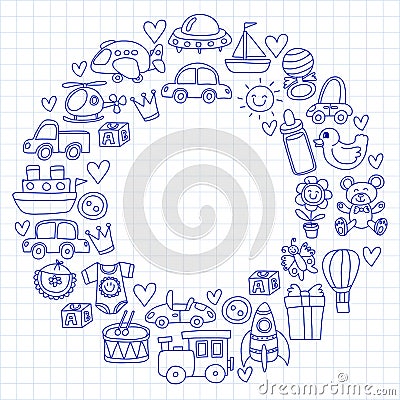 Vector doodle set with toys for shop, store, kindergarten, nursery Hand drawn vector illustration Vector Illustration