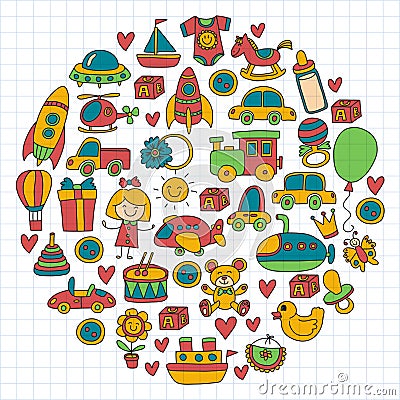 Vector doodle set with toys for shop, store, kindergarten, nursery Hand drawn vector illustration Vector Illustration