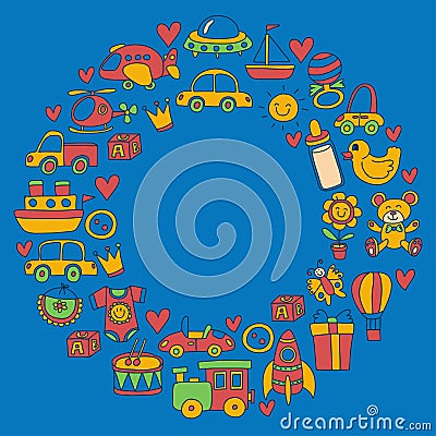 Vector doodle set with toys for shop, store, kindergarten, nursery Hand drawn vector illustration Vector Illustration