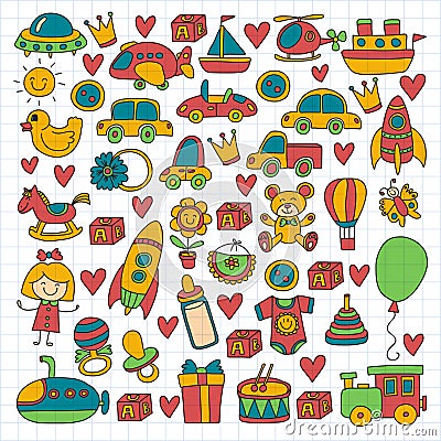 Vector doodle set with toys for shop, store, kindergarten, nursery Hand drawn vector illustration Vector Illustration