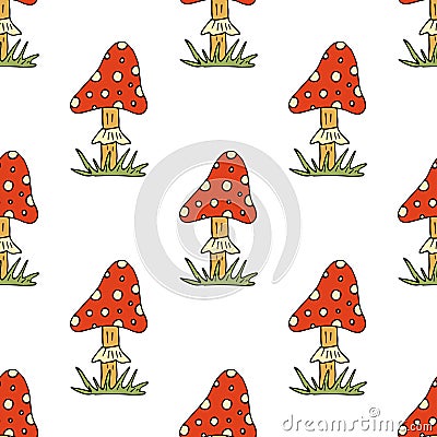 Vector doodle style seamless pattern with forest mushrooms. Vector Illustration