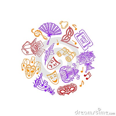 Vector doodle theatre elements in circle illustration Vector Illustration