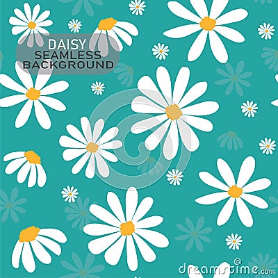 Vector doodle white daisy flower pattern on pastel mint green background, seamless background Vector Illustration