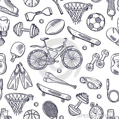 Vector doodles hand drawn seamless pattern of different sport accessories Vector Illustration