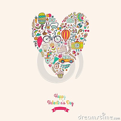 Vector doodles heart, valentine's day card. Kids, travel, enjoy Vector Illustration