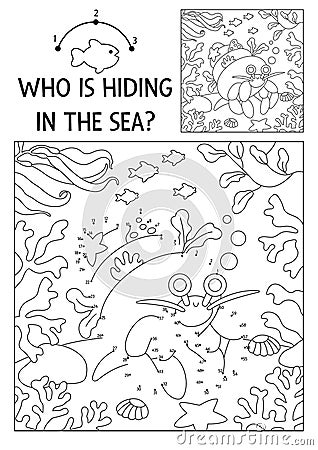 Vector dot-to-dot and color activity with cute hermit crab hidden in landscape. Under the sea connect the dots game for children Vector Illustration