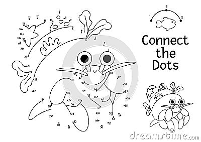 Vector dot-to-dot and color activity with cute hermit crab. Under the sea connect the dots game for children with funny water Vector Illustration