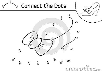 Vector dot-to-dot and color activity with cute princess shoe. Magic kingdom connect the dots game for children with girl footwear Vector Illustration