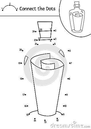 Vector dot-to-dot and color activity with pirate bottle with letter inside. Treasure island connect the dots game. Sea adventures Vector Illustration